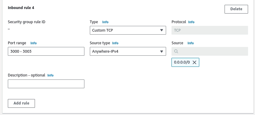 Placeholder: Inbound rules for ports 3000 through 3003